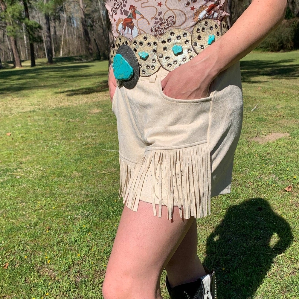 NWT Cream Western Suede Fringe Shorts with Sparkle Detail - Picture 3 of 4